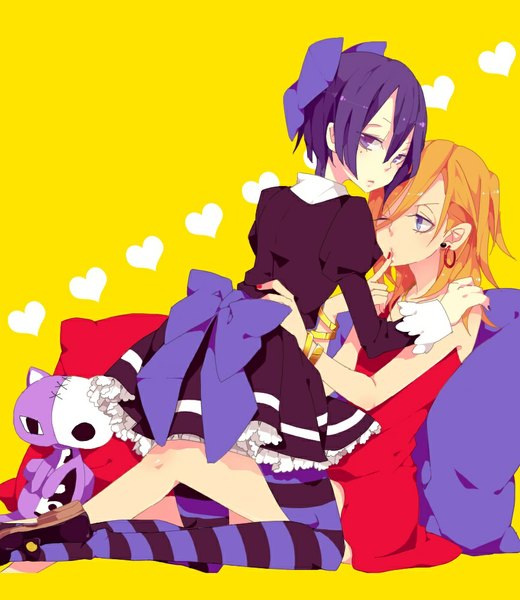 Anime picture 867x1000 with uta no prince-sama panty & stocking with garterbelt a-1 pictures jinguji ren hijirikawa masato utaoka (23com) long hair tall image short hair blue eyes sitting purple eyes blue hair purple hair nail polish one eye closed looking back wink mole multiple boys