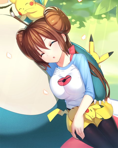 Anime picture 1000x1250 with pokemon pokemon black and white nintendo pikachu rosa (pokemon) snorlax ririko (zhuoyandesailaer) long hair tall image breasts open mouth brown hair large breasts sitting twintails eyes closed sunlight hair bun (hair buns) sleeping sunbeam