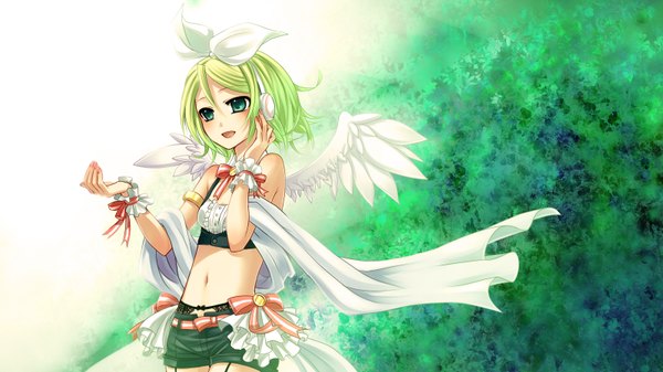 Anime picture 1600x900 with vocaloid kagamine rin yayoi (egoistic realism) blush short hair wide image green eyes green hair girl navel wings headphones