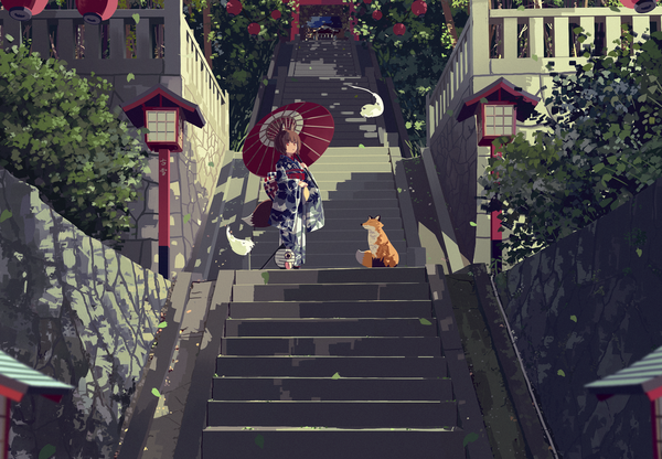 Anime picture 1588x1103 with original koyuki ekaki single looking at viewer short hair red eyes brown hair standing holding animal ears outdoors tail long sleeves traditional clothes japanese clothes animal tail sunlight wide sleeves fox ears floral print