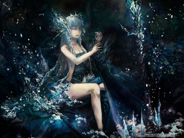 Anime picture 1000x750 with original pixiv pixiv girls collection 2012 tsunoh single long hair fringe breasts sitting signed eyes closed aqua hair legs dark background winter playing instrument girl hair ornament flower (flowers) water