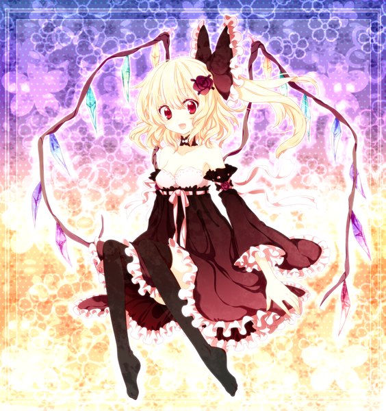 Anime picture 2132x2270 with touhou flandre scarlet riichu single tall image highres open mouth blonde hair smile red eyes bare shoulders hair flower one side up girl thighhighs dress hair ornament bow black thighhighs hair bow