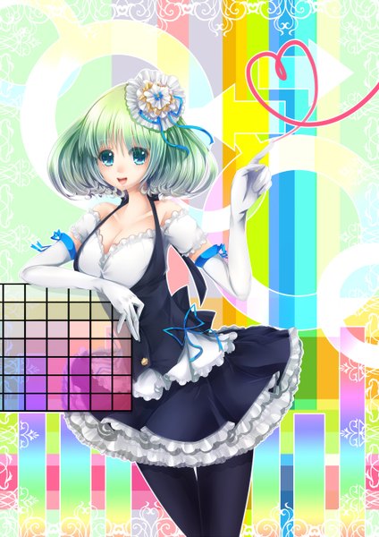 Anime picture 1000x1414 with original nakayama shumo single tall image looking at viewer blush short hair open mouth blue eyes smile bare shoulders cleavage green hair arm support pointing heart of string multicolored girl dress gloves
