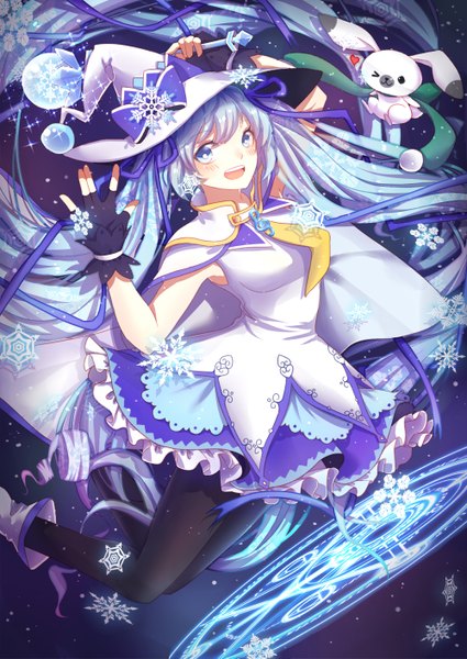 Anime picture 1000x1413 with vocaloid suki! yuki! maji magic (vocaloid) hatsune miku yuki miku rabbit yukine yuki miku (2014) mame (yangqi787) single tall image looking at viewer blush open mouth blue eyes twintails blue hair very long hair magic jumping girl gloves