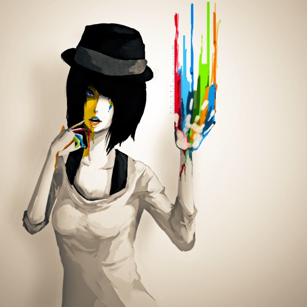 Anime picture 1200x1200 with original dotentity single looking at viewer fringe short hair black hair simple background hair over one eye finger to mouth pale skin multicolored girl hat paint