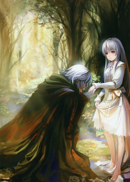 Anime picture 2498x3500 with sound horizon elysion elice (sound horizon) abyss alphonse (white datura) long hair tall image highres short hair red eyes silver hair white hair barefoot girl dress boy bow plant (plants) tree (trees) cloak