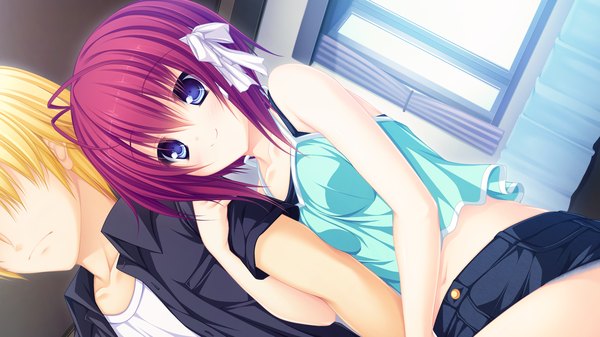 Anime picture 1920x1080 with justy nasty whirlpool (studio) kuroki kirie mikagami mamizu highres short hair open mouth blue eyes blonde hair wide image game cg red hair couple girl boy ribbon (ribbons) hair ribbon