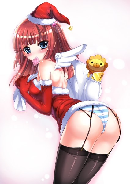 Anime picture 850x1201 with umineko no naku koro ni ushiromiya ange mafuyu single long hair tall image blush blue eyes light erotic simple background white background bare shoulders ass red hair two side up fur trim girl thighhighs gloves underwear