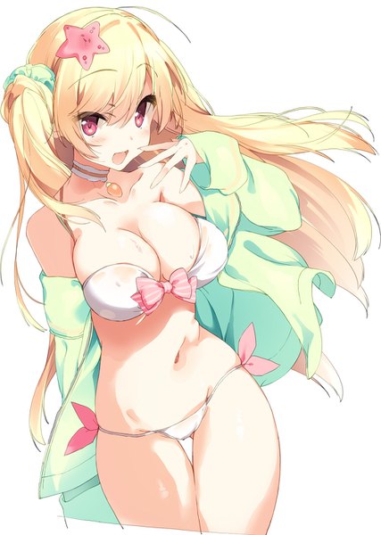 Anime picture 1000x1406 with original kisaragi kiriha single long hair tall image looking at viewer blush fringe breasts open mouth light erotic simple background blonde hair smile hair between eyes large breasts standing bare shoulders cleavage :d