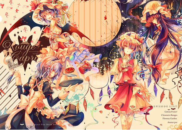 Anime picture 1143x821 with touhou flandre scarlet remilia scarlet izayoi sakuya patchouli knowledge kirero (pixiv) long hair looking at viewer short hair smile red eyes multiple girls eyes closed traditional clothes multicolored hair inscription teeth maid fang (fangs) miko
