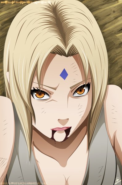 Anime picture 1181x1790 with naruto studio pierrot naruto (series) tsunade naruto999-by-roker single tall image short hair blonde hair lips orange eyes coloring facial mark portrait close-up face hokage girl blood