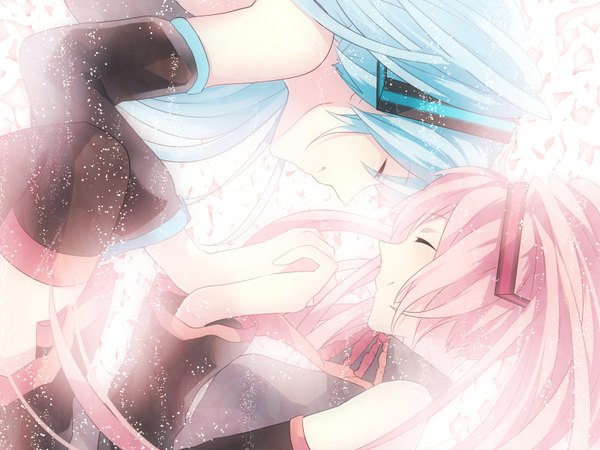 Anime picture 1600x1200 with vocaloid hatsune miku sakura miku achiki long hair smile twintails multiple girls pink hair eyes closed aqua hair holding hands face to face girl thighhighs hair ornament 2 girls detached sleeves