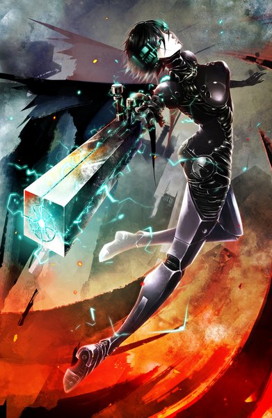 Anime picture 1500x2300 with blame! sanakan tsukasa (evening-g-low) single tall image looking at viewer short hair breasts black hair ass glowing glowing eye (eyes) pale skin flying arched back glowing weapon abstract science fiction arm cannon girl