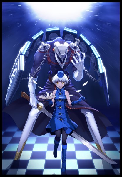 Anime picture 1038x1500 with persona 3 persona elizabeth (persona) mofu tall image looking at viewer short hair bare shoulders yellow eyes white hair checkered floor girl dress gloves weapon sword boots chain