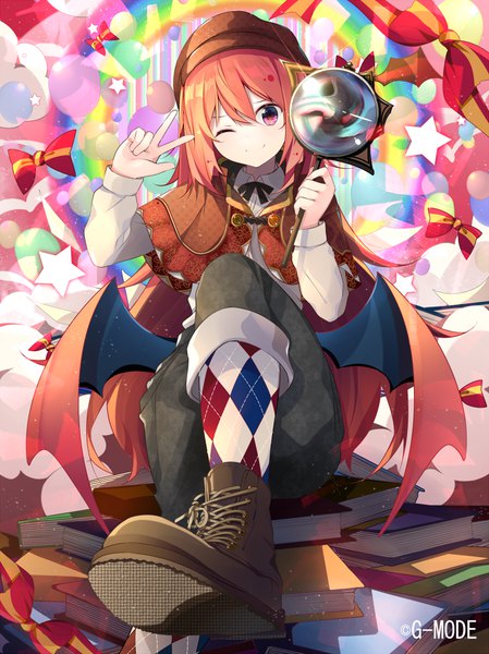 Anime picture 749x1000 with azure sky galleon benio (dontsugel) single long hair tall image looking at viewer fringe smile hair between eyes sitting holding long sleeves one eye closed pink eyes orange hair victory soles lacing bat wings girl