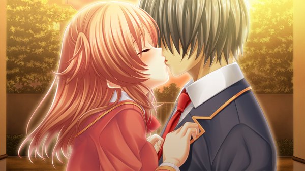 Anime picture 1280x720 with morobito kozorite (game) long hair short hair black hair brown hair wide image game cg eyes closed couple kiss girl boy serafuku