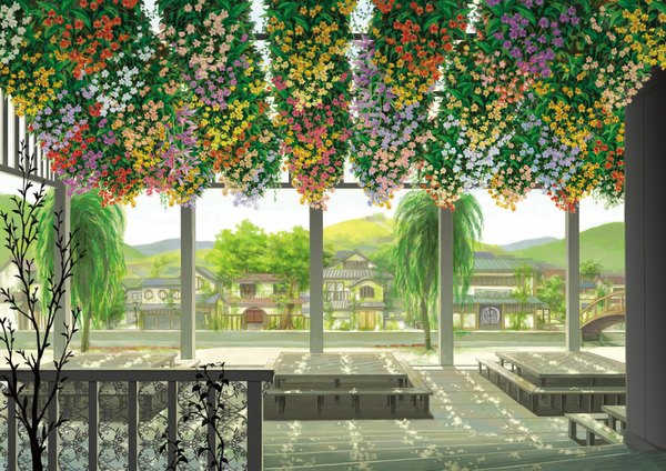 Anime picture 1000x707 with original setsuri sky mountain no people flower (flowers) plant (plants) tree (trees) building (buildings) pillar column