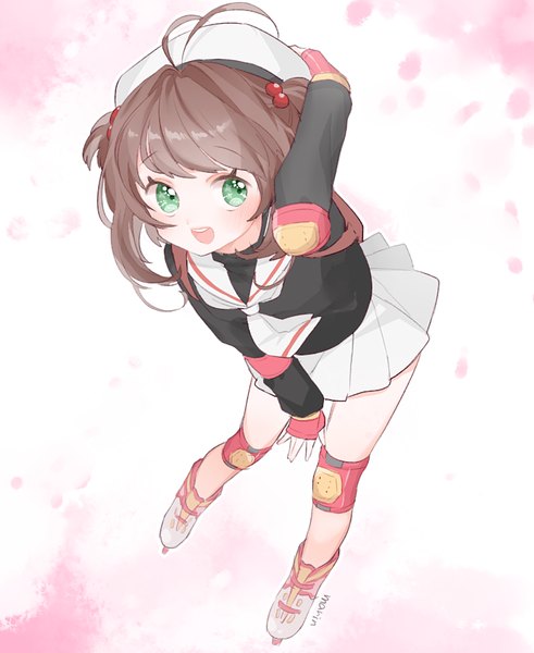 Anime picture 720x880 with card captor sakura clamp kinomoto sakura marin (myuy 3) single tall image blush fringe short hair open mouth brown hair green eyes signed ahoge from above two side up hand on head girl uniform hair ornament