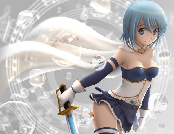 Anime picture 1300x1000 with mahou shoujo madoka magica shaft (studio) miki sayaka siraha single looking at viewer short hair blue eyes light erotic bare shoulders blue hair girl dress gloves weapon sword elbow gloves bubble (bubbles)