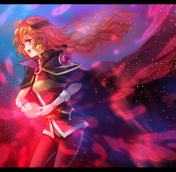 Anime picture 1000x979 with slayers j.c. staff lina inverse vetina single long hair looking at viewer open mouth red eyes red hair profile magic wavy hair girl gloves weapon earrings sword white gloves hairband