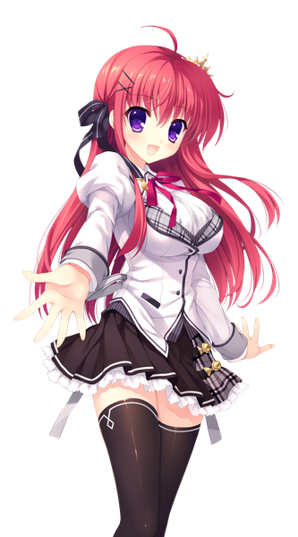 Anime picture 2864x5159 with alia's carnival! ousaka asuha mitha single long hair tall image looking at viewer blush highres open mouth ahoge red hair zettai ryouiki plaid skirt transparent background outstretched hand girl thighhighs skirt uniform
