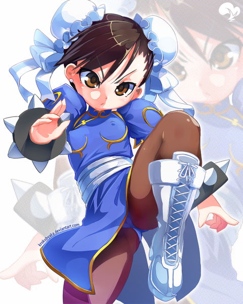 Anime picture 880x1100 with street fighter capcom chun-li krokobyaka single tall image short hair light erotic brown hair brown eyes looking away traditional clothes hair bun (hair buns) puffy sleeves covered nipples chinese clothes fighting stance zoom layer serious girl