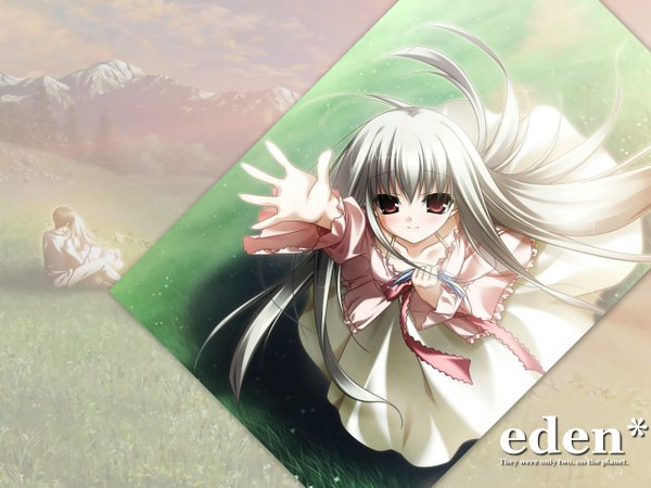 Anime picture 1280x960 with eden* minori sion (eden*) chikotam long hair looking at viewer blush blonde hair smile purple eyes holding brown eyes white hair official art from below copyright name outstretched arm mountain girl dress