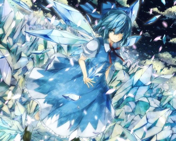 Anime picture 1280x1024 with touhou cirno 6u (eternal land) short hair sky aqua eyes aqua hair girl dress ribbon (ribbons) bow hair bow wings serafuku