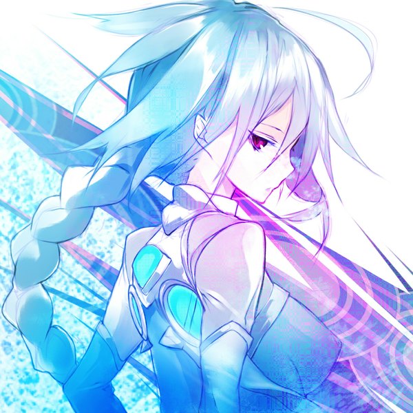 Anime picture 1100x1100 with blazblue nu-13 shin (anbqqcb) single long hair bare shoulders blue hair braid (braids) pink eyes looking back from behind single braid girl