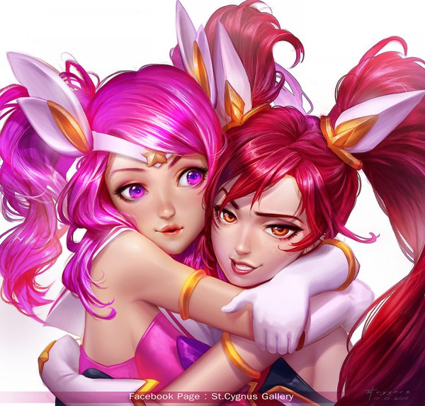 Anime picture 1280x1224 with league of legends jinx (league of legends) lux (league of legends) star guardian lux star guardian jinx stcygnus nutthapon petchthai long hair fringe simple background smile white background twintails multiple girls signed looking away pink hair red hair teeth alternate costume