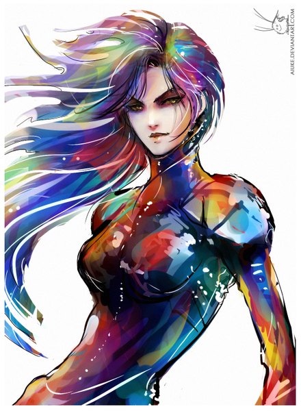 Anime picture 1058x1443 with guyver mirabilis aiuke (vega) single long hair tall image looking at viewer breasts standing white background yellow eyes multicolored hair genderswap girl