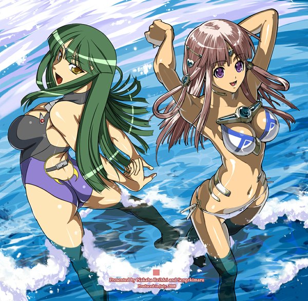 Anime picture 1075x1051 with super robot wars ouka nagisa ariel org nakabayashi reimei long hair open mouth light erotic purple eyes multiple girls yellow eyes pink hair cleavage looking back green hair girl navel 2 girls water jewelry