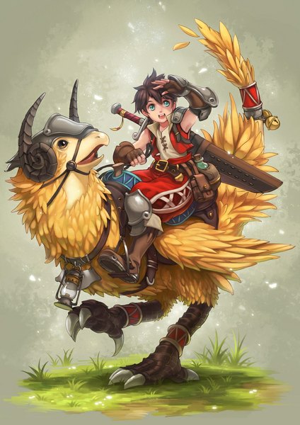 Anime picture 744x1052 with final fantasy square enix chocobo kazeo-yuurin single tall image short hair open mouth blue eyes black hair brown eyes riding boy gloves weapon animal sword boots armor fingerless gloves