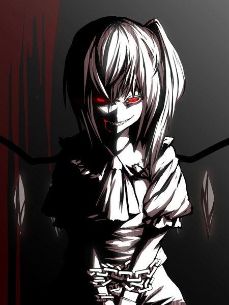 Anime picture 1200x1600 with touhou flandre scarlet ac (eshi) single tall image short hair smile red eyes ponytail side ponytail black background monochrome crazy smile girl wings blood chain