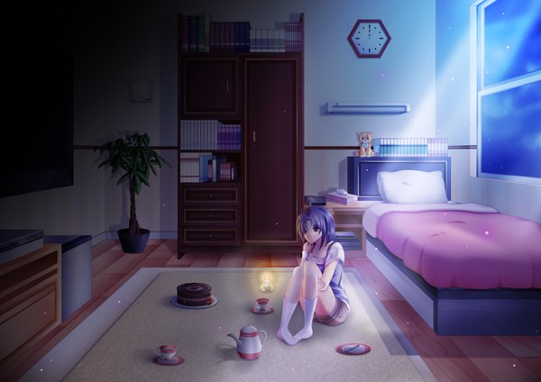 Anime picture 3508x2480 with original m-1ng single highres short hair purple eyes absurdres purple hair light girl plant (plants) socks window pillow book (books) bed white socks toy stuffed animal clock