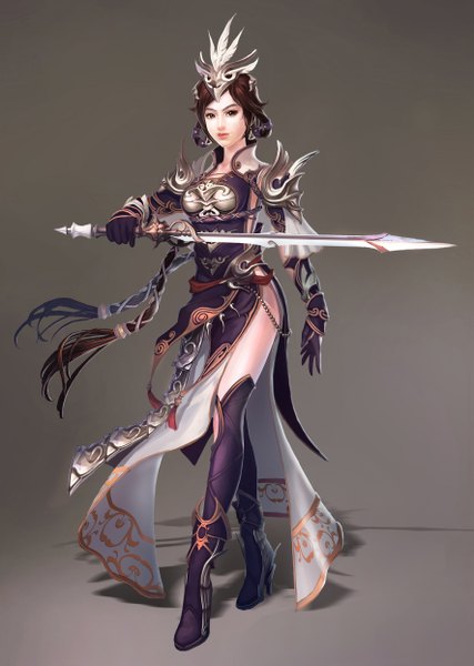Anime picture 1770x2485 with joinjump single long hair tall image highres simple background brown hair brown eyes realistic shadow girl dress hair ornament weapon earrings sword armor thigh boots beads
