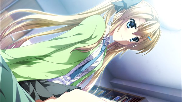 Anime picture 1278x718 with supipara amano angeline hotaru nanao naru long hair blush blue eyes blonde hair smile wide image twintails game cg girl ribbon (ribbons) hair ribbon necktie