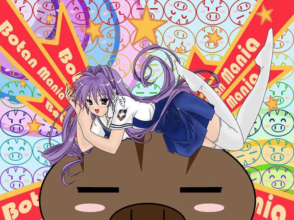 Anime picture 1024x768 with clannad key (studio) fujibayashi kyou botan ryggim single long hair looking at viewer open mouth purple eyes purple hair full body lying :d girl thighhighs uniform bow hair bow school uniform