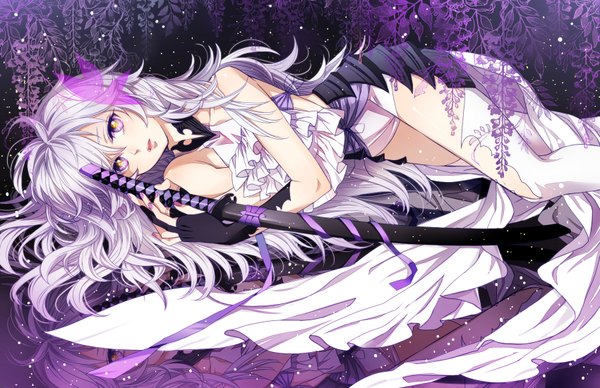 Anime picture 1700x1100 with original ateka (artist) single long hair looking at viewer open mouth bare shoulders purple hair nail polish reflection multicolored eyes girl thighhighs gloves flower (flowers) ribbon (ribbons) weapon white thighhighs sword choker