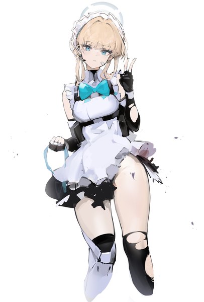 Anime picture 3811x5627 with blue archive toki (blue archive) koio single long hair tall image looking at viewer highres blue eyes light erotic simple background blonde hair white background absurdres head tilt maid torn clothes victory expressionless girl