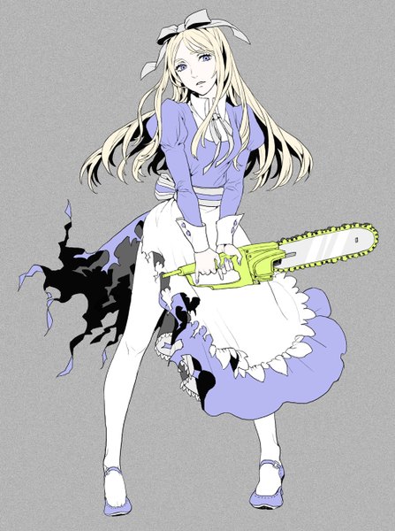 Anime picture 1000x1343 with axis powers hetalia studio deen belarus (hetalia) takase (harakiri) single long hair tall image simple background blonde hair purple eyes looking away nail polish grey background torn clothes girl ribbon (ribbons) hair ribbon chainsaw