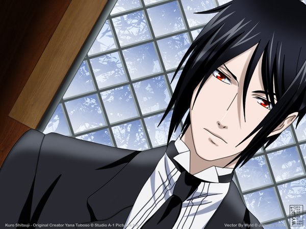 Anime picture 1600x1200 with kuroshitsuji a-1 pictures sebastian michaelis single short hair black hair red eyes butler boy necktie suit