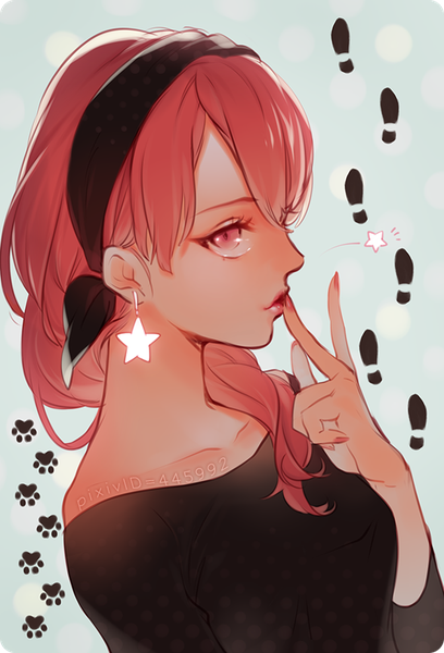 Anime picture 600x882 with original aka-shiro single long hair tall image looking at viewer fringe pink hair nail polish profile pink eyes fingernails finger to mouth footprints girl earrings star (symbol)