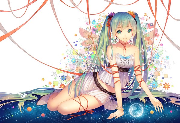 Anime picture 1167x800 with vocaloid hatsune miku tidsean single looking at viewer smile sitting twintails bare shoulders very long hair pleated skirt hair flower aqua eyes aqua hair space girl skirt hair ornament flower (flowers) ribbon (ribbons)