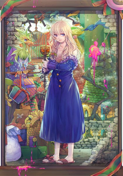 Anime picture 950x1360 with jing king of bandits ou dorobou jing fino nai kitsu (artist) single long hair tall image looking at viewer blue eyes blonde hair standing framed girl dress bow animal shoes bird (birds) gift cage