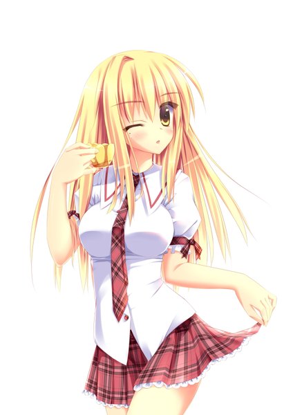 Anime picture 2480x3507 with original angel koman single long hair tall image blush highres simple background blonde hair smile white background yellow eyes parted lips pleated skirt one eye closed wink girl skirt uniform school uniform
