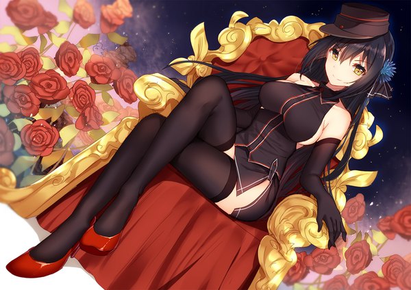 Anime picture 1920x1358 with panzer waltz bison cangshu single long hair highres light erotic black hair smile sitting bare shoulders yellow eyes from below legs sleeveless crossed legs girl thighhighs gloves flower (flowers) black thighhighs