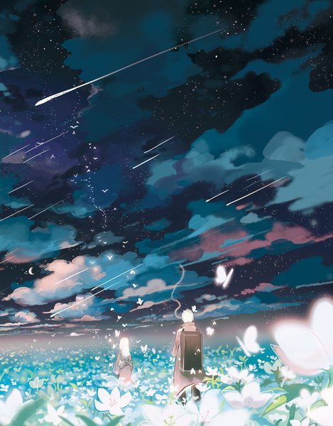 Anime picture 851x1087 with mushishi ginko sarnath long hair tall image short hair standing sky cloud (clouds) outdoors white hair long sleeves traditional clothes japanese clothes from behind blurry night wide sleeves night sky smoke