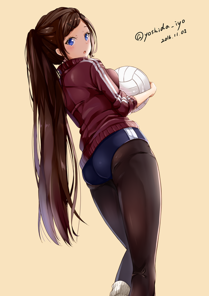 Anime picture 868x1228 with original yoshida iyo single long hair tall image looking at viewer blush breasts open mouth blue eyes light erotic simple background brown hair standing holding signed ass ponytail looking back :o