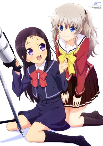 Anime picture 6081x8602 with charlotte p.a. works tomori nao otosaka ayumi hayakawa asami (artist) long hair tall image highres open mouth blue eyes black hair smile purple eyes multiple girls absurdres white hair official art two side up girl skirt